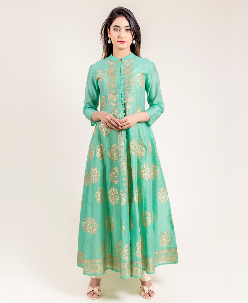 Green Chanderi Anarkali Long Indo Western Dress