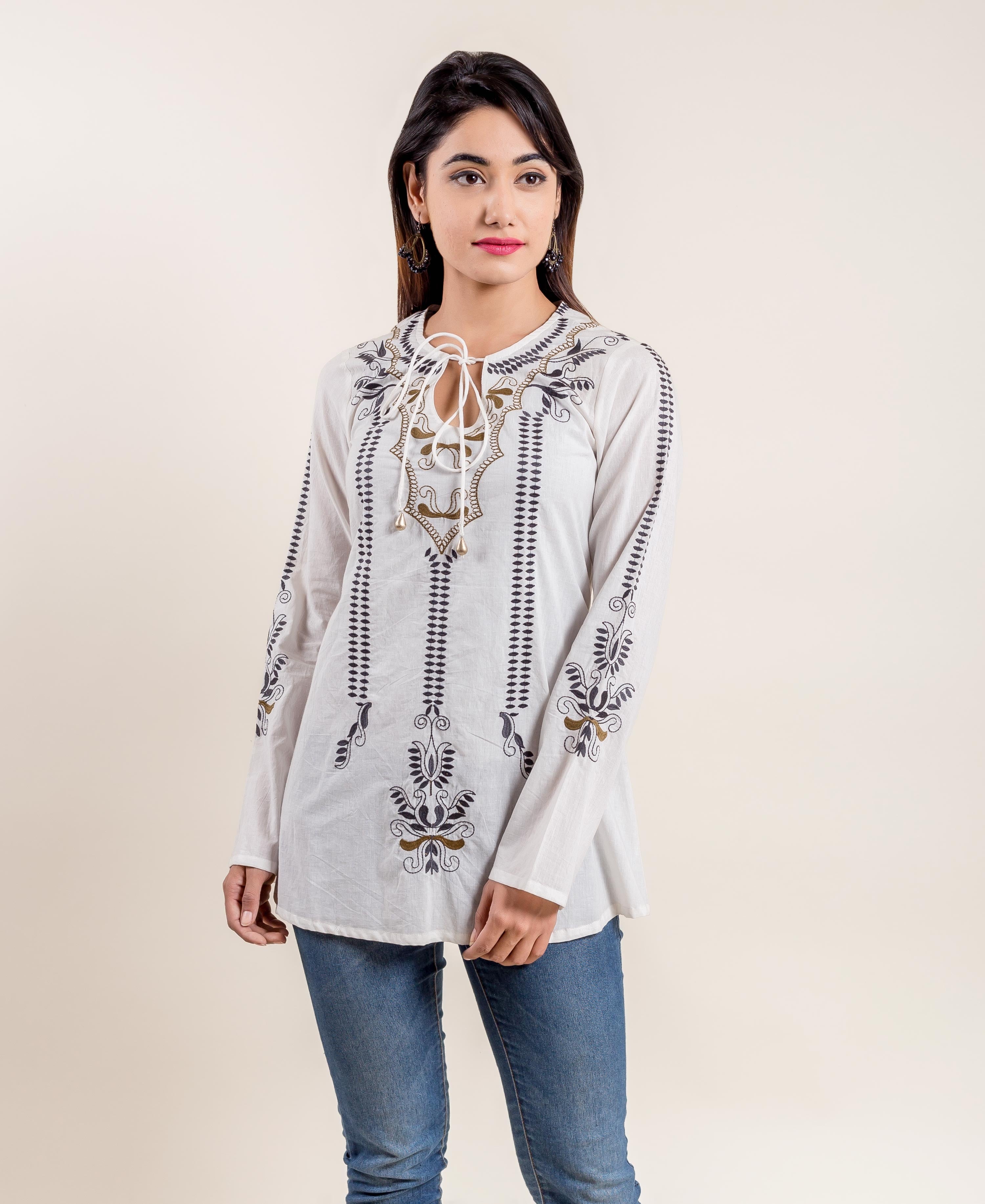 Get online offer on Designer Short Kurtis White Color Short Cotton Kurtis  Kurta With Embroidery Work  Lady India