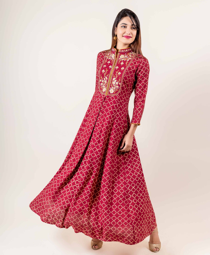 Embroidered Maroon Anarkali Style Floor Length Gown