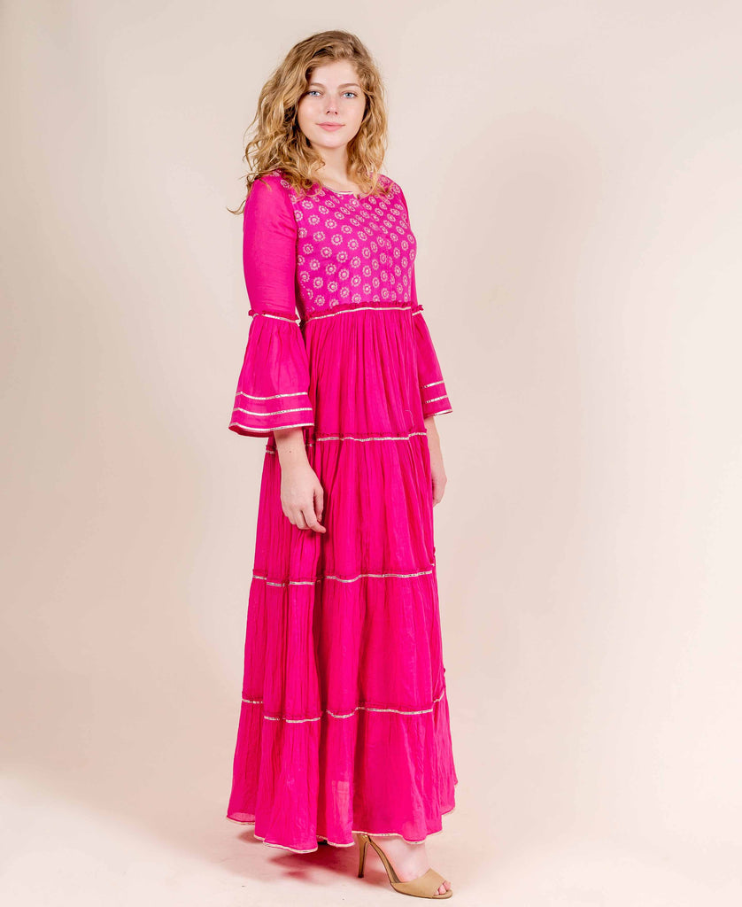 Full Bell Sleeves Cotton Printed Long Designer Dresses online shopping