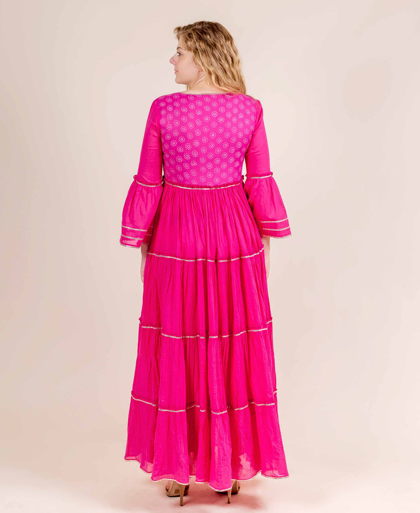Fuchsia Full Bell Sleeves Cotton Printed Long designer women Gowns online