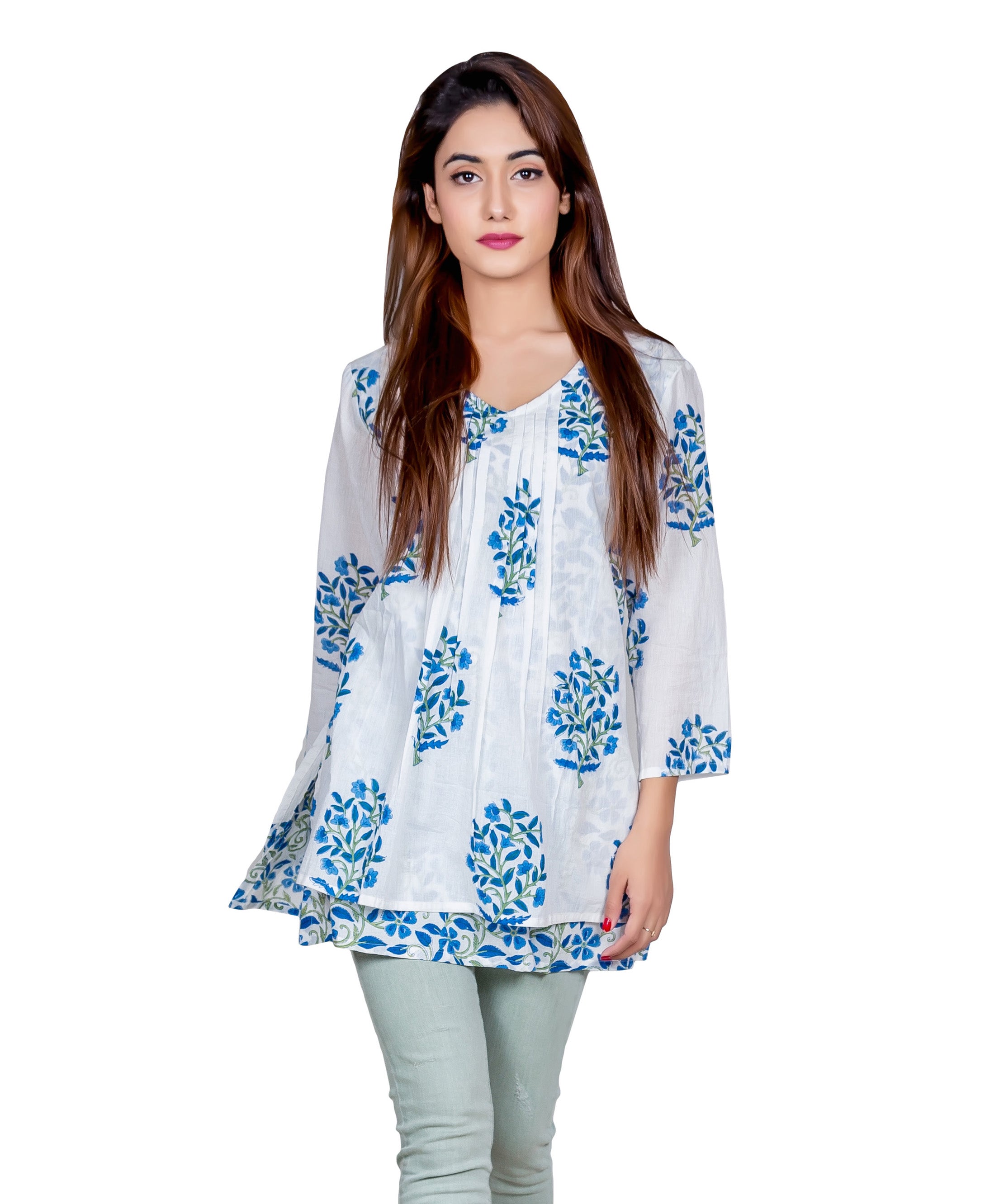 White And Blue Layered Hand Block Printed Short Kurti  Top
