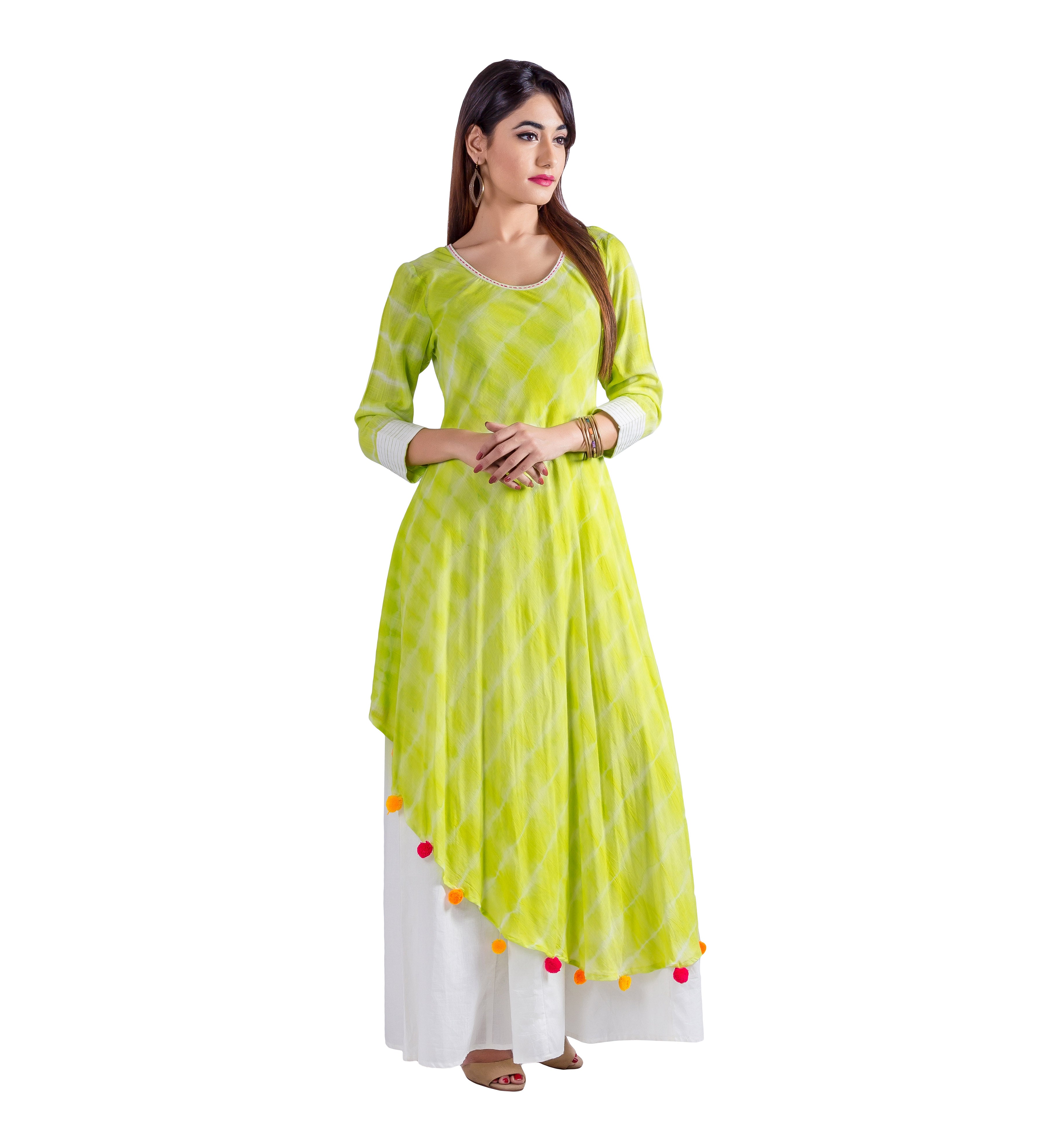 Asymmetrical Lime Tie And Dye Indo Western Dress MISSPRINT