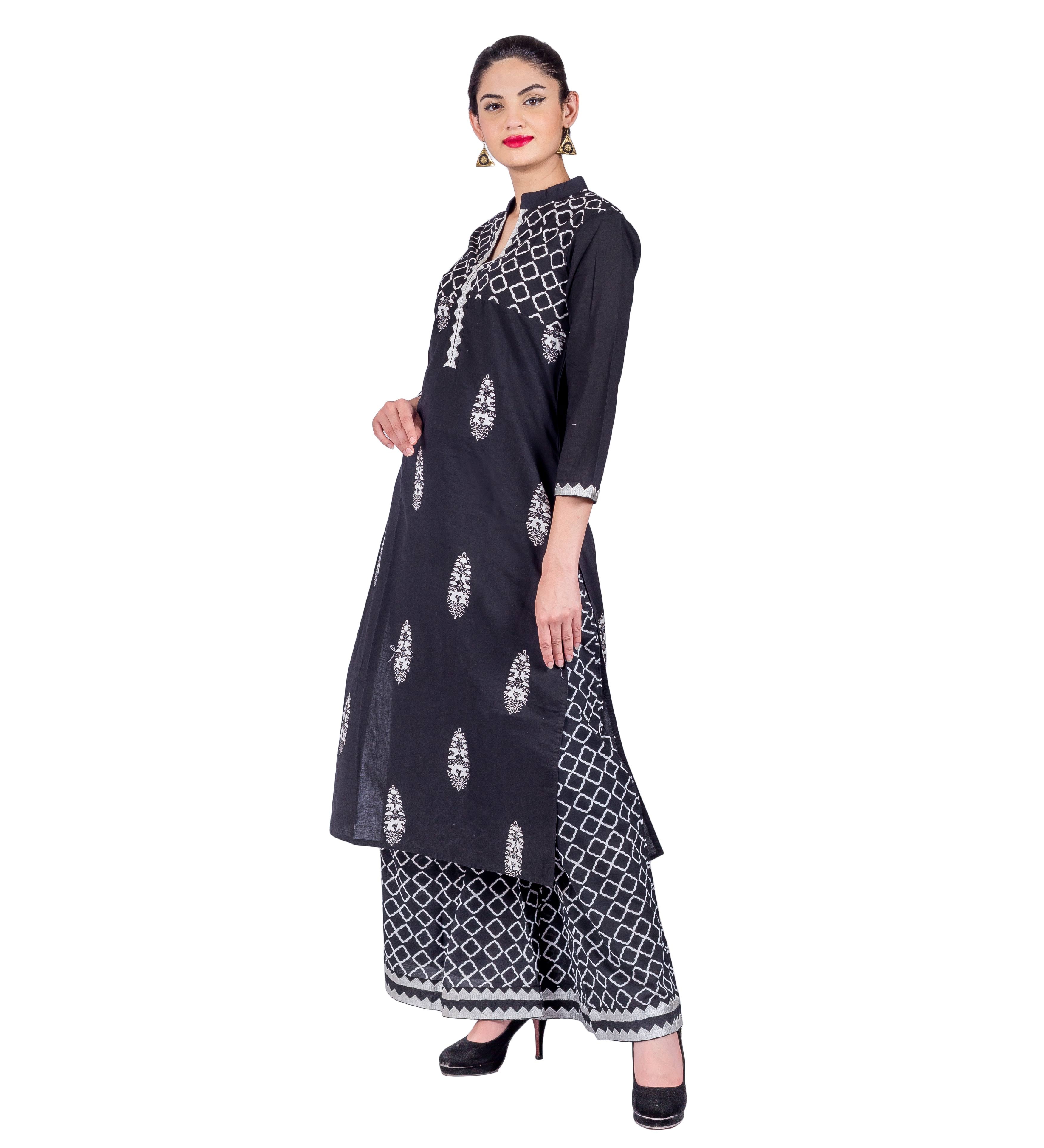 Flat Mandarin Neck Monochrome Embroidered Kurta with Pegged Palazzos