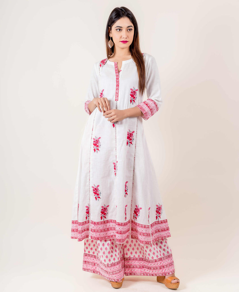 White And Pink Hand Block Printed Suit Set