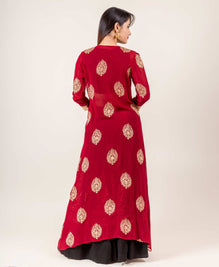 Jacket Style Indo Western Dress With Golden Prints In Red And