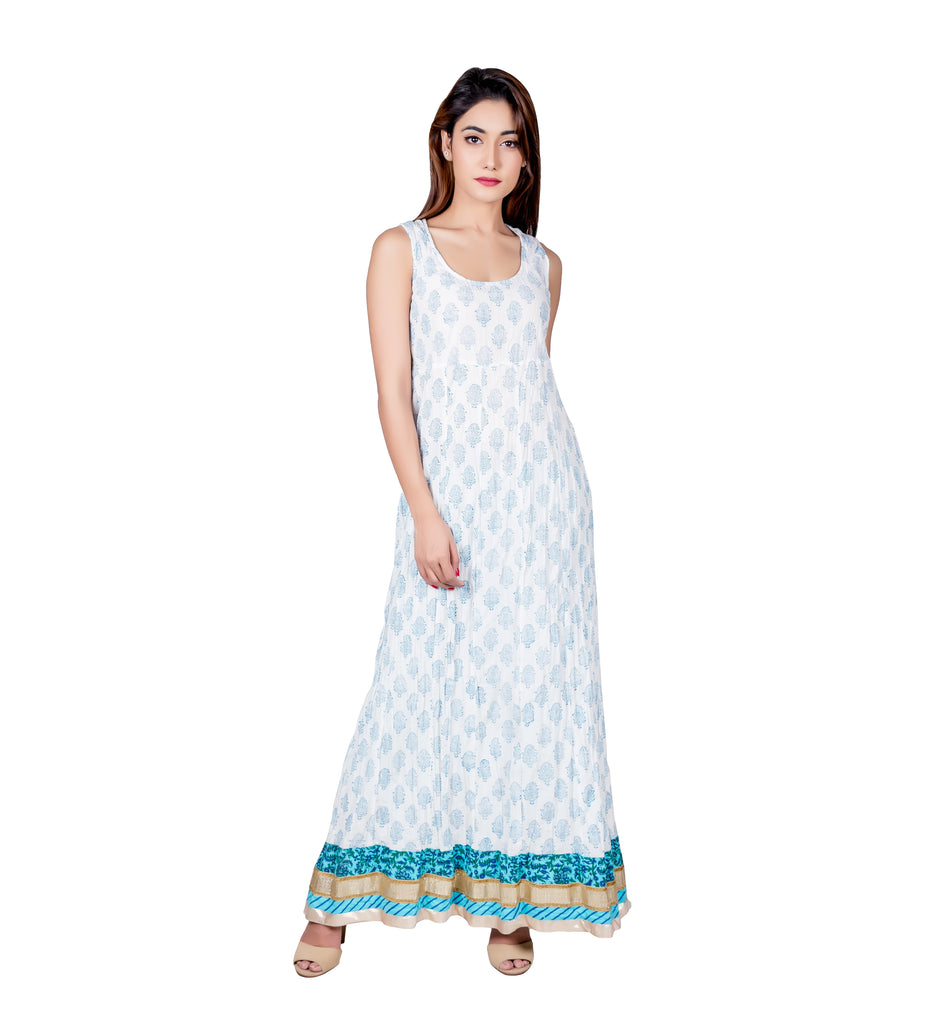 White Hand Block Printed Indo Western Style Festive Chanderi Dress