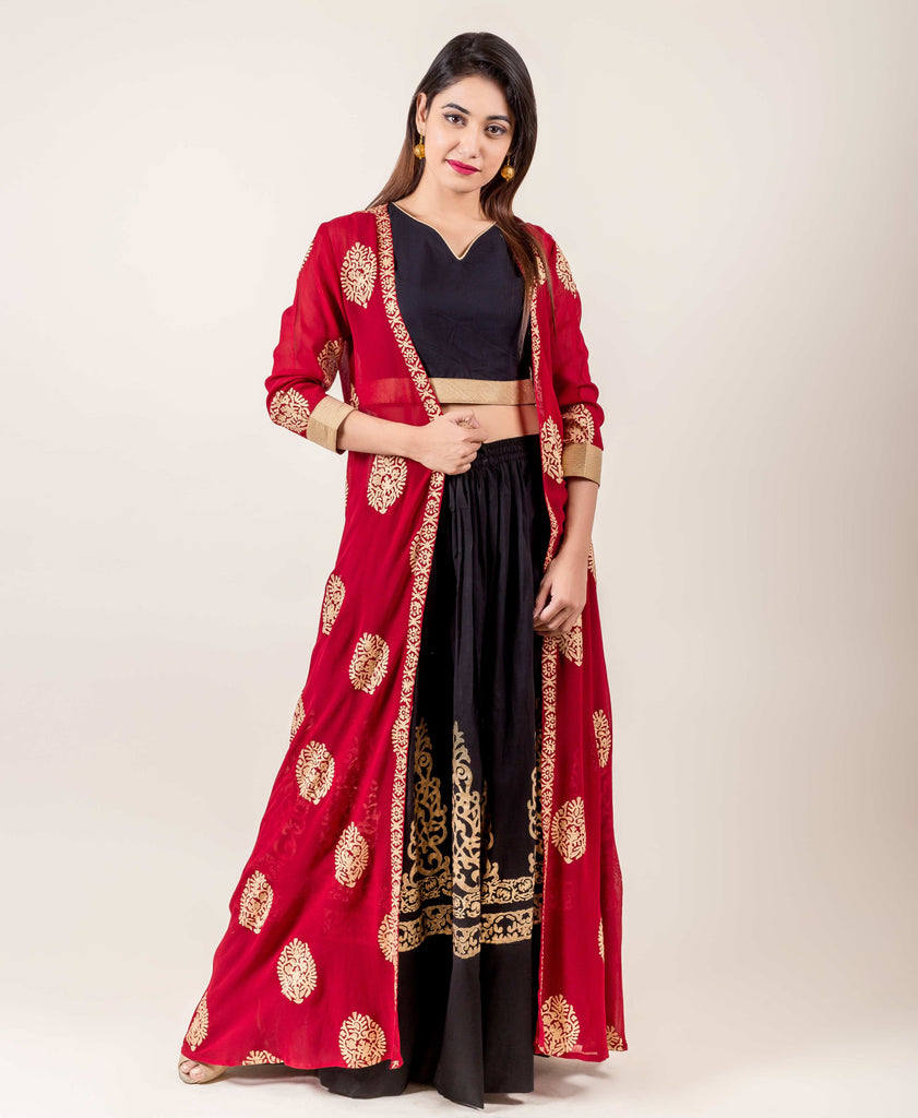 Jacket Style Indo Western Dress With Golden Prints In Red And Black Hues