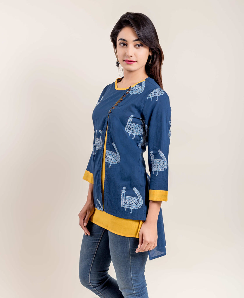 Indigo Yellow Double Layered Side Buttoned Printed Ethnic Short
