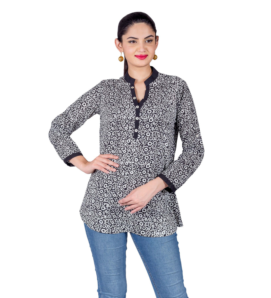Black White Front Buttoned Floral Hand Block Printed Ethnic Kurti Top