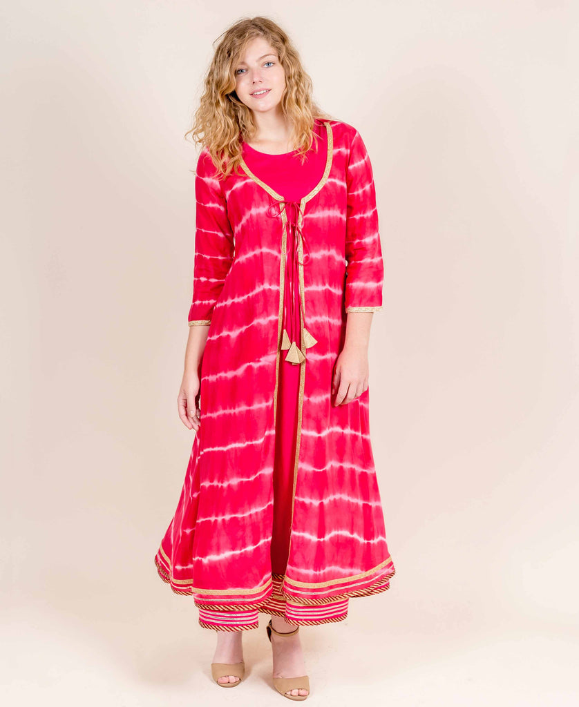 Red Double Layered Tie and Dye Jacket Style Dresses for Women