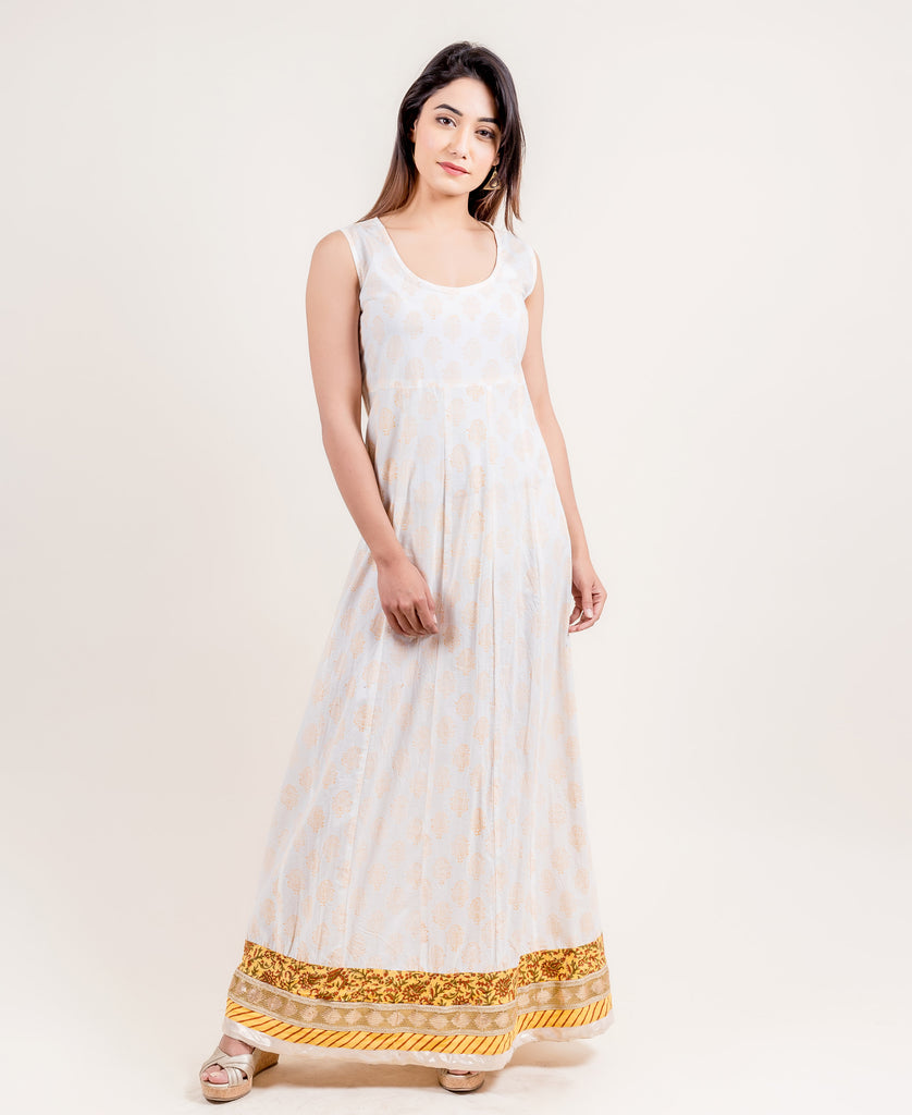 White and Yellow Festive Indo Wetern Dress for Women