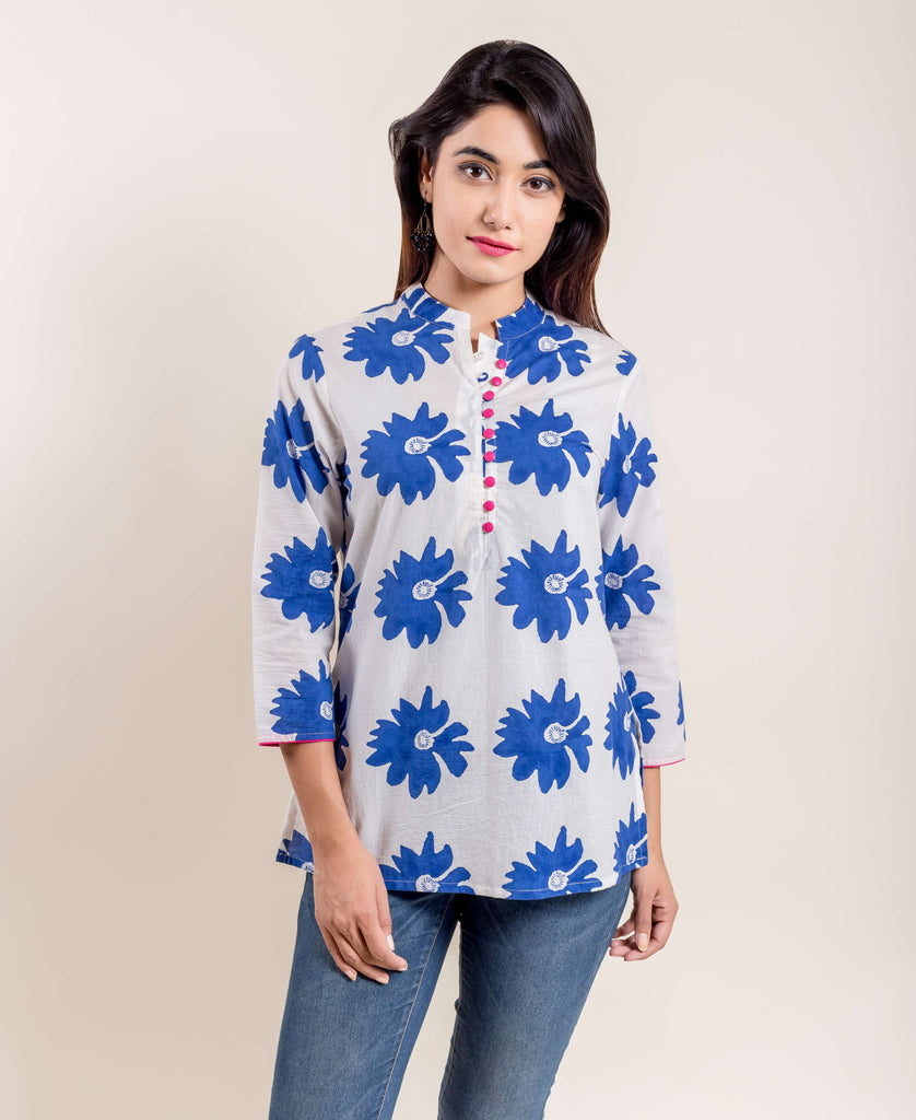 Blue White Floral Hand Block Printed Ethnic Short Kurti With Mandarin Collar And Front Buttons