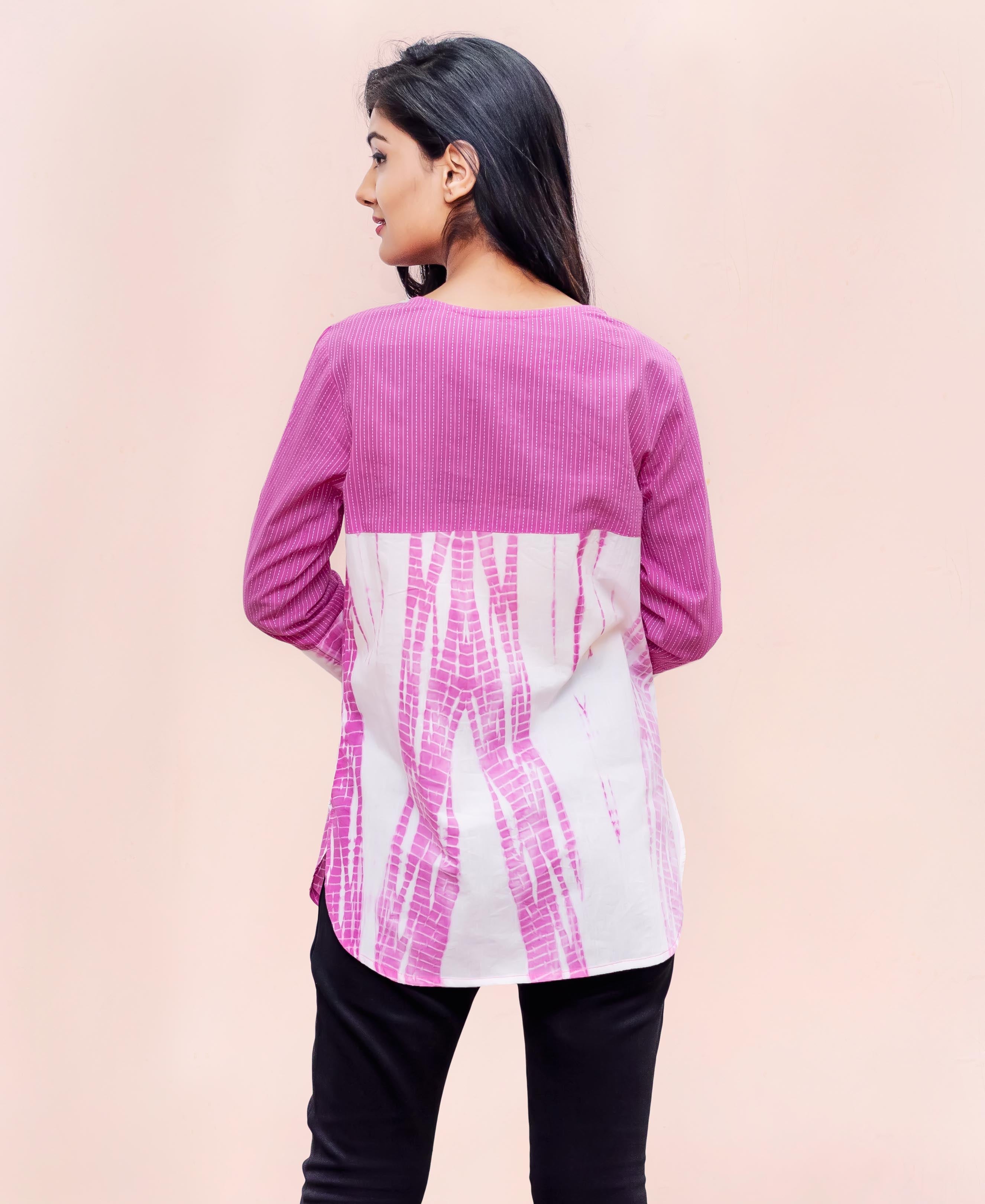 white and pink Tie and Dye Cotton Tops online shopping