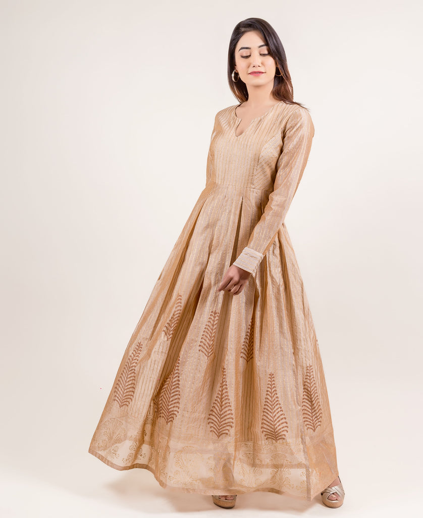 Breathtakingly Stunning Gold Printed Full Sleeves Long Designer Dress for women